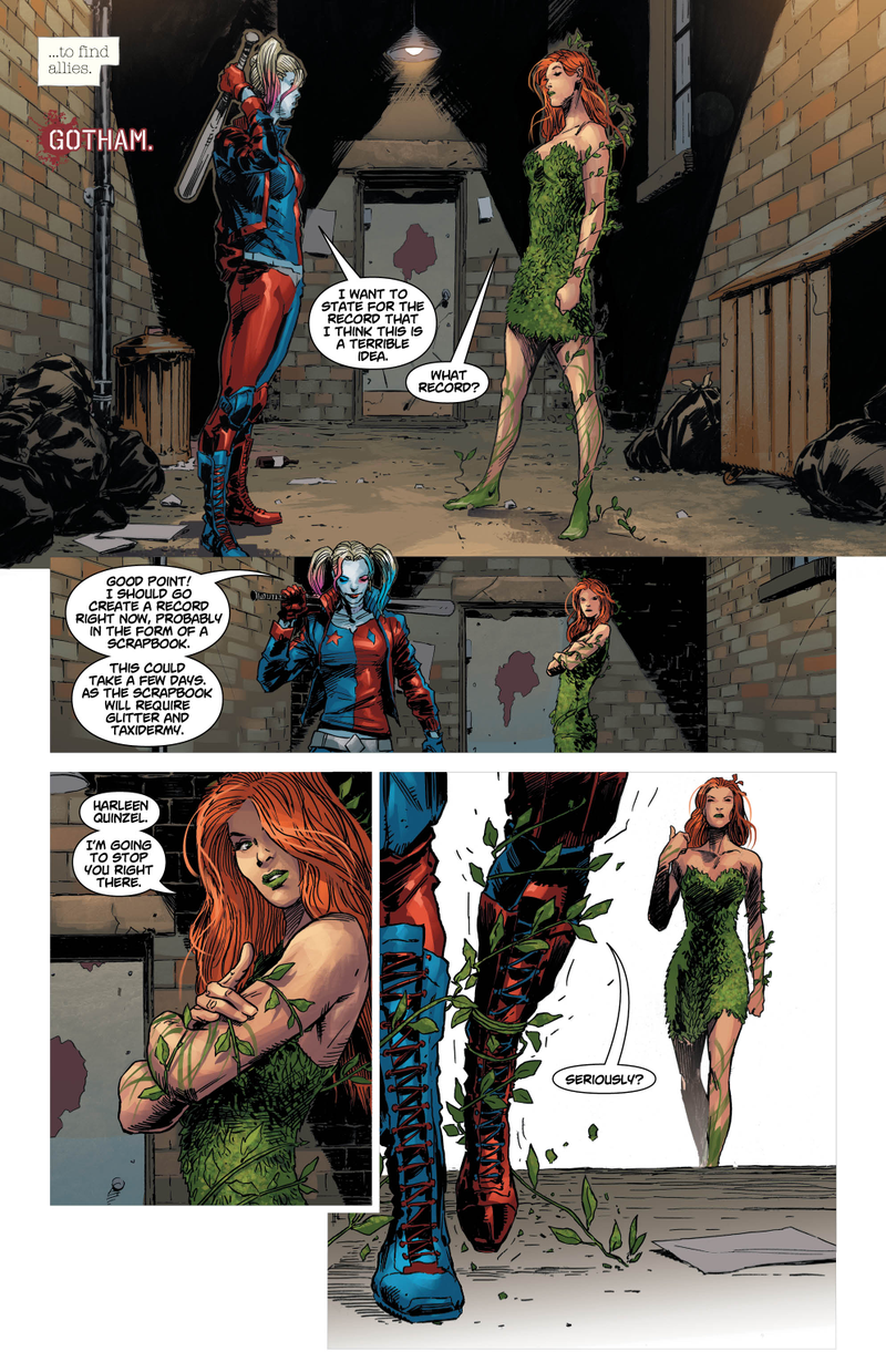 Poison Ivy and Harley Quinn discussing what to do now that the zombies have broken loose.